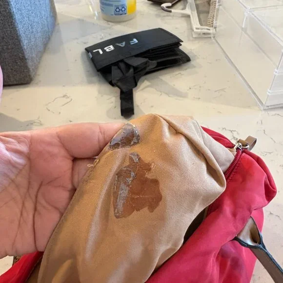 Red Nylon Shoulder Bag Tan Faux Leather Handles Classic Everyday Purse - Picture 10 of 10